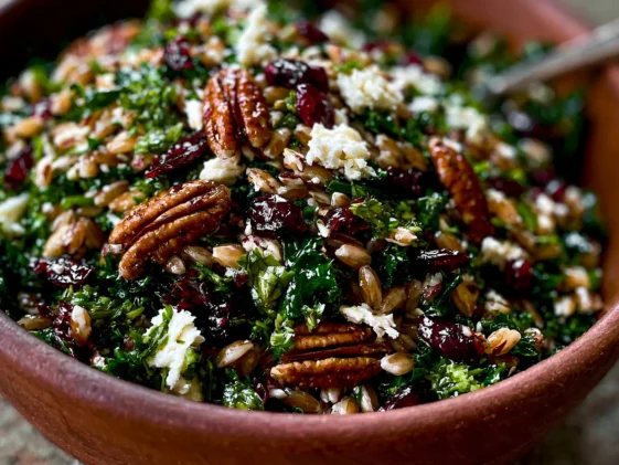 Delicious Festive Fall Farro Salad with Kale and Goat Cheese