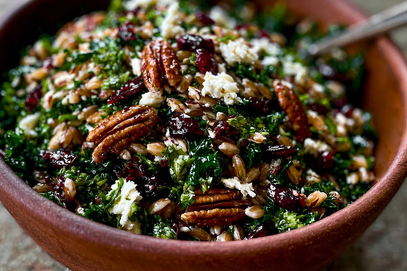 Delicious Festive Fall Farro Salad with Kale and Goat Cheese