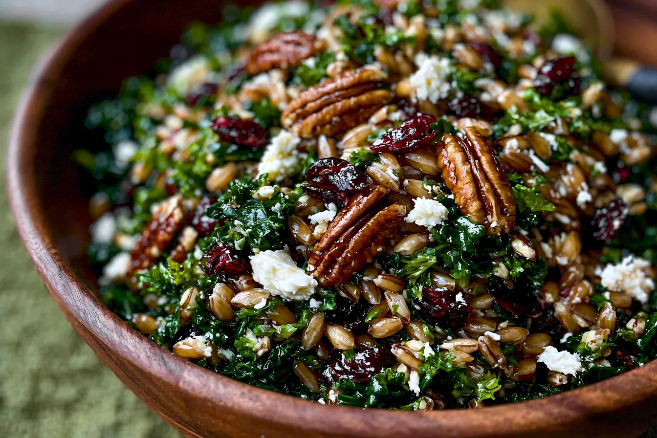 Festive Fall Farro Salad with Kale, Cranberries, Pecans & Goat Cheese