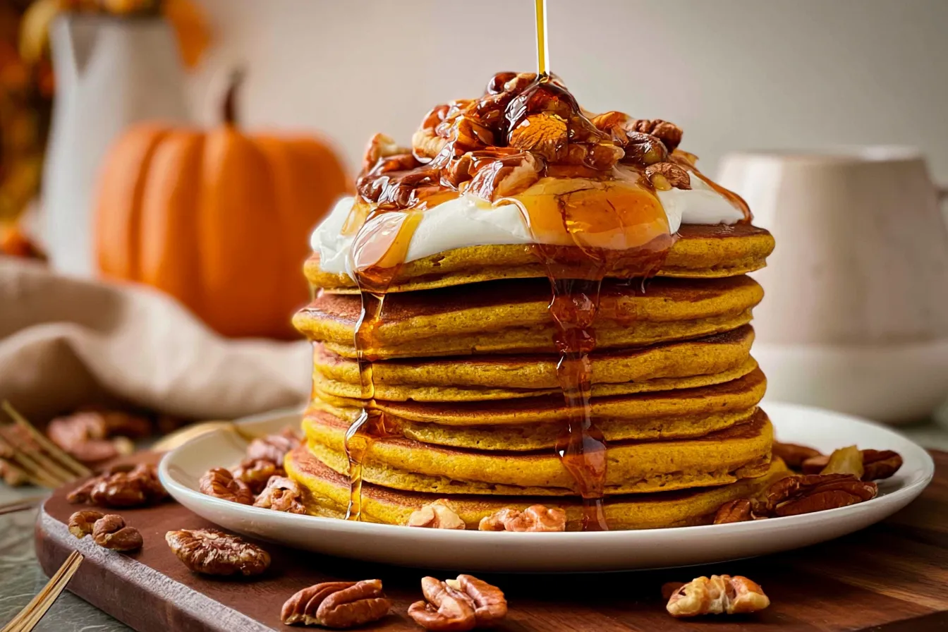 Fluffy Pumpkin Pancakes Drizzled with Maple Syrup