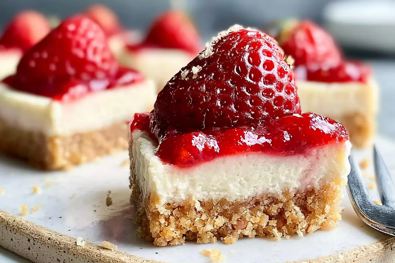 High Protein Healthy Strawberry Cheesecake Bites on a Plate