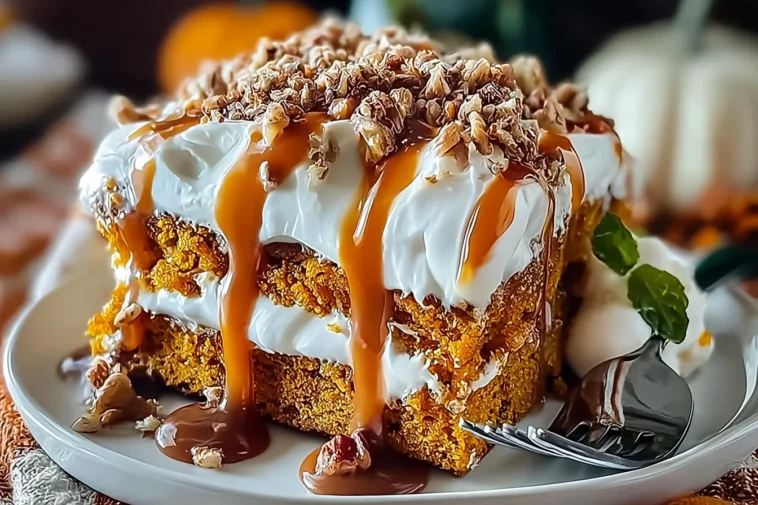 Irresistible Pumpkin Caramel Poke Cake for Cozy Fall Gatherings 3 Irresistible Pumpkin Caramel Poke Cake on a Fall Table
