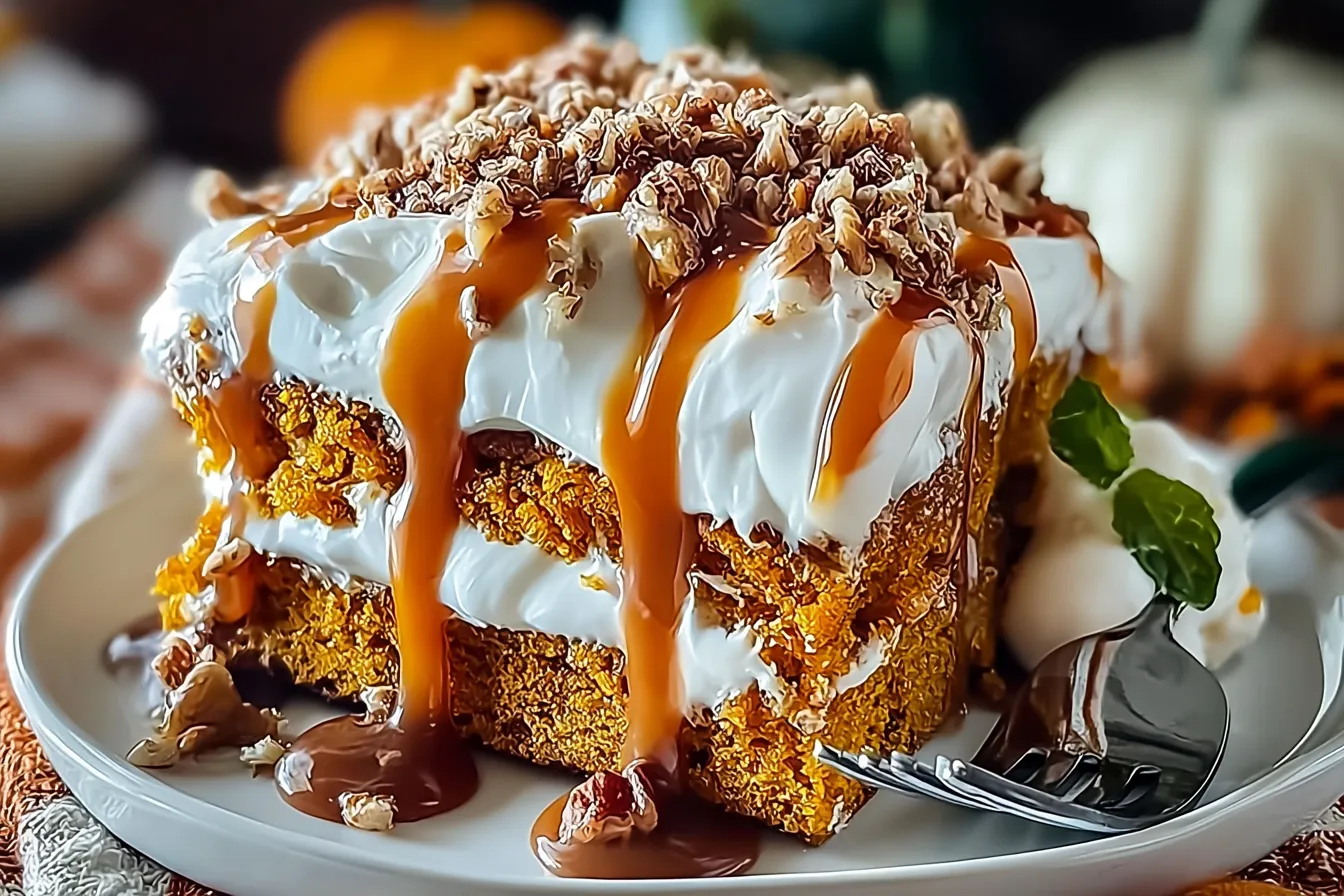 Irresistible Pumpkin Caramel Poke Cake on a Fall Table