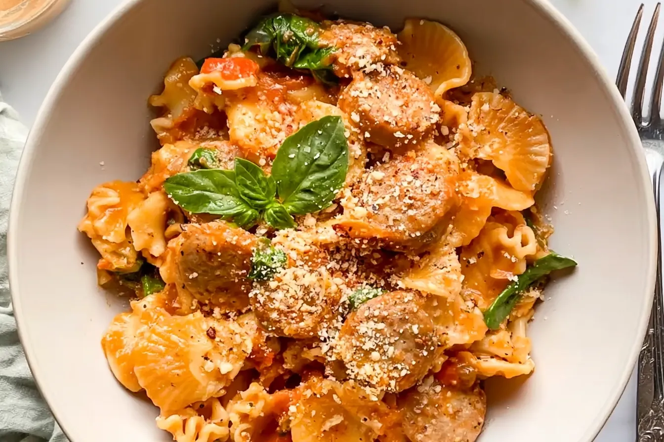 Italian Chicken Sausage Pasta Plated with Fresh Herbs