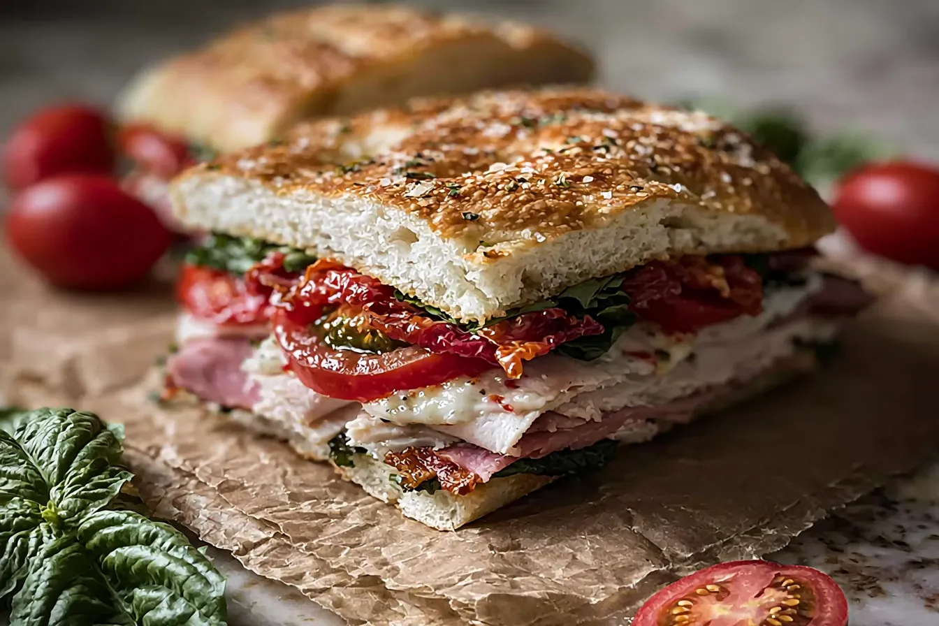 Italian Turkey Focaccia Sandwiches: A Flavorful Delight! 3 Italian Turkey Focaccia Sandwiches Ready to Serve