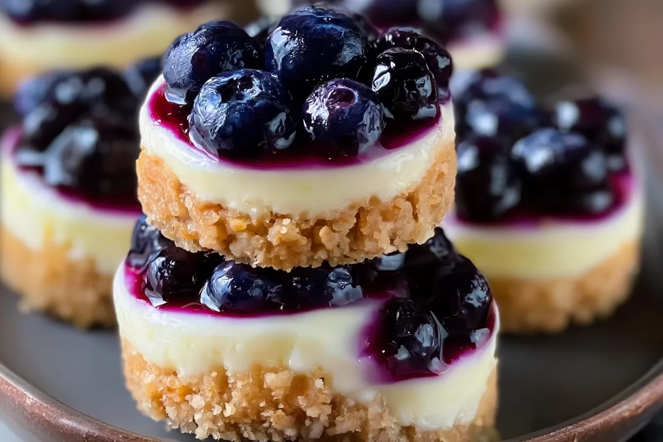 Juicy Mini Lemon Blueberry Cheesecakes That Delight 3 Juicy Mini Lemon Blueberry Cheesecakes on a Plate