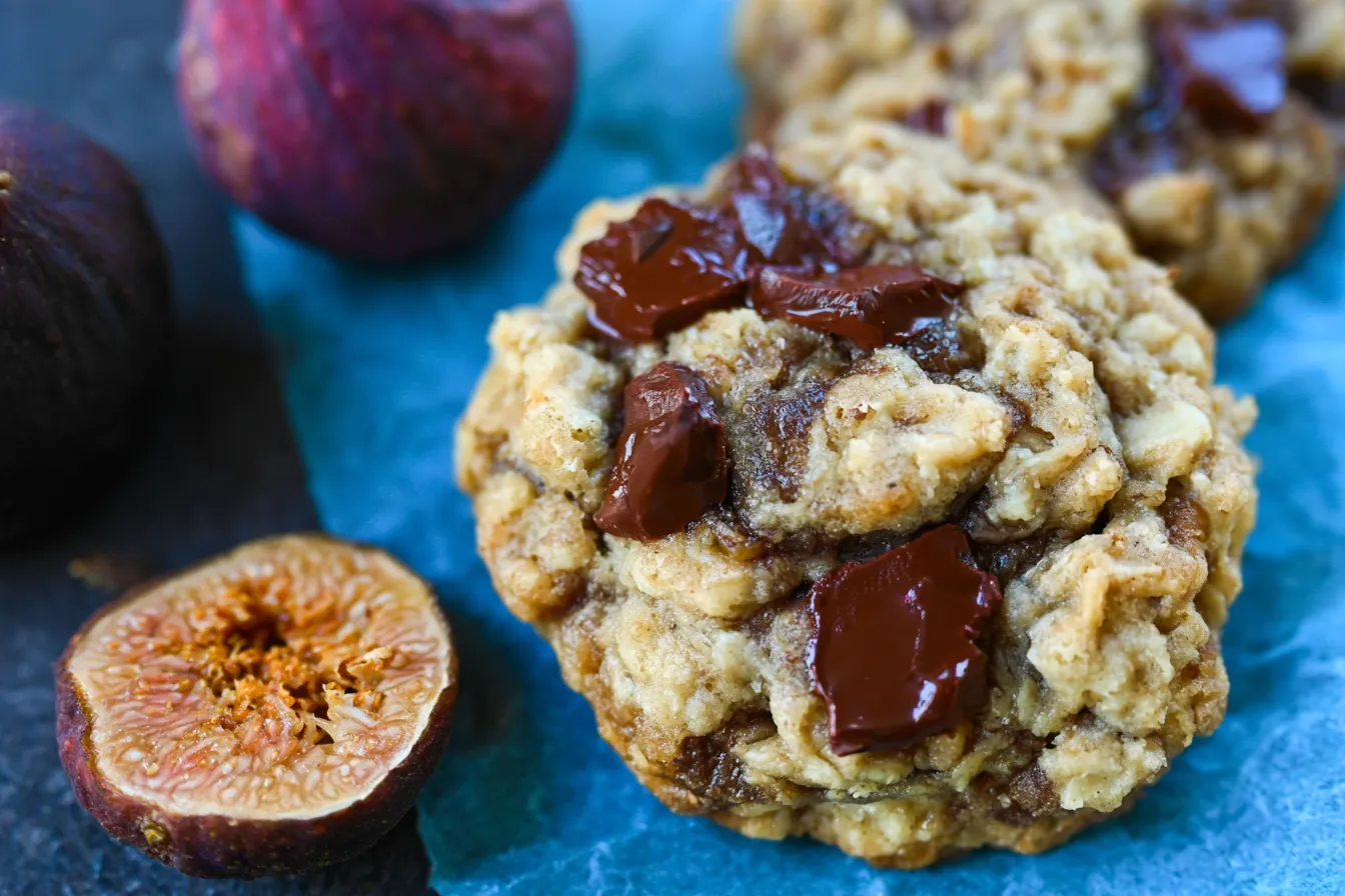 Oatmeal Fig Cookies with Dark Chocolate Chunks: Pure Bliss 3 Oatmeal Fig Cookies with Dark Chocolate Chunks on a Plate