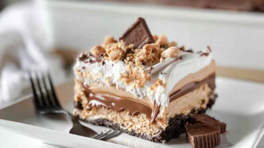 Peanut Butter Lasagna Slice on a White Plate