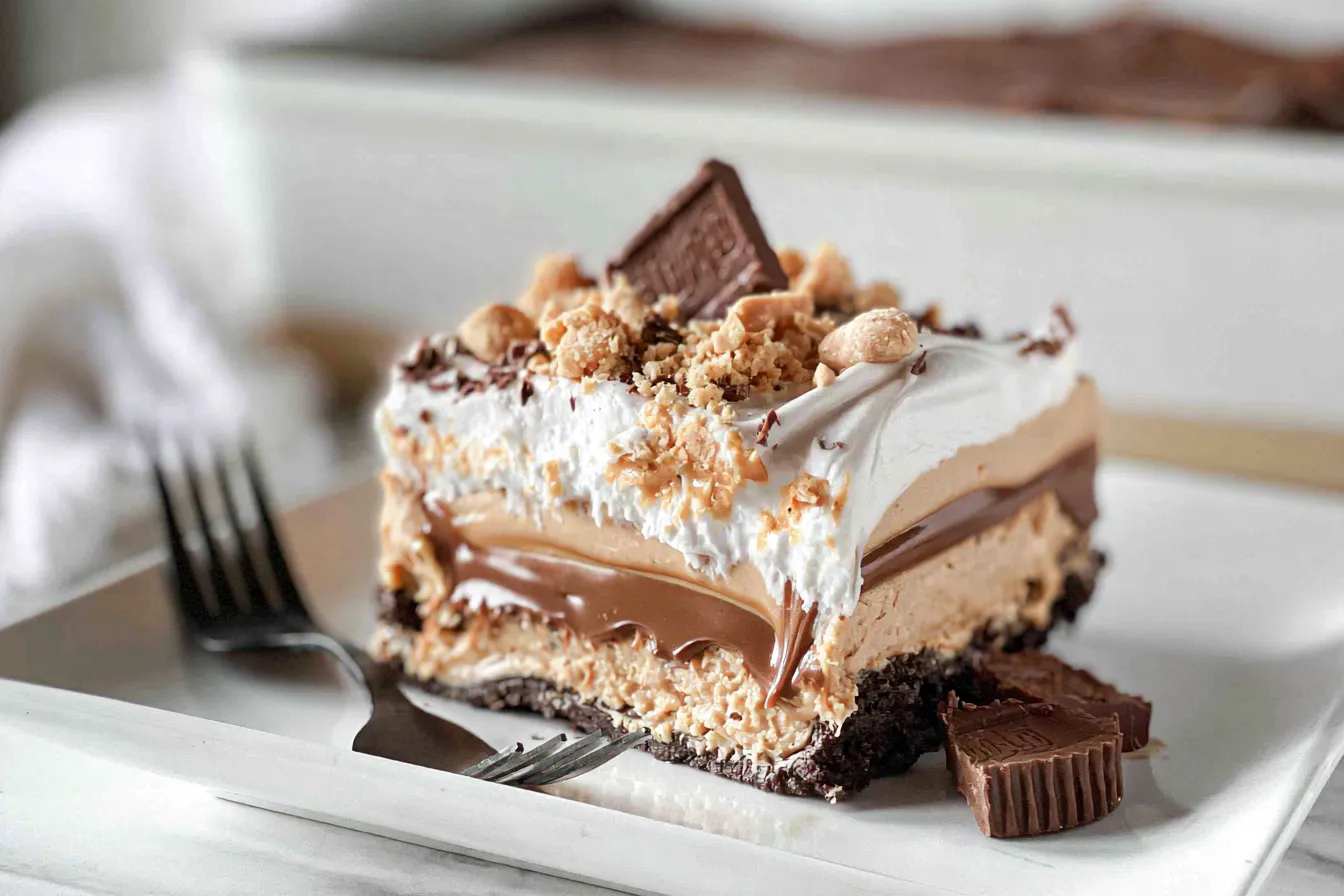 Peanut Butter Lasagna Slice on a White Plate