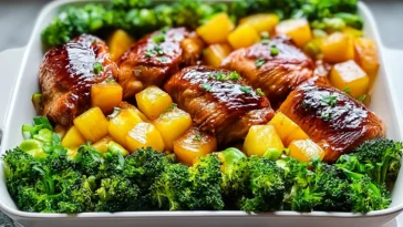 Pineapple Chicken Sheet Pan Dinner Ready to Serve