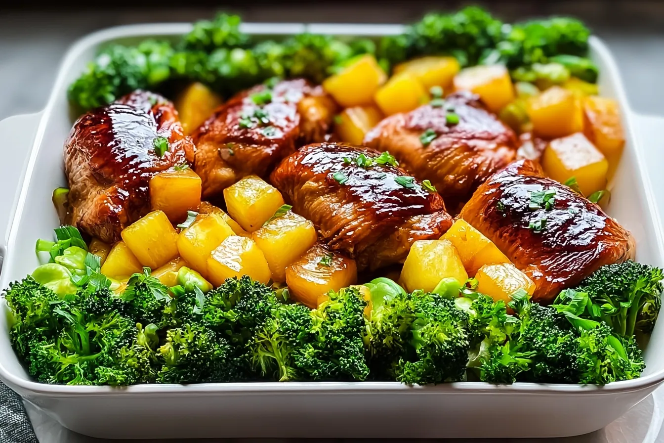 Pineapple Chicken Sheet Pan Dinner Ready to Serve
