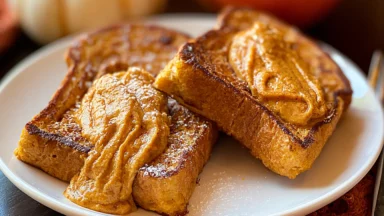 Delicious Pumpkin French Toast Topped with Maple Syrup