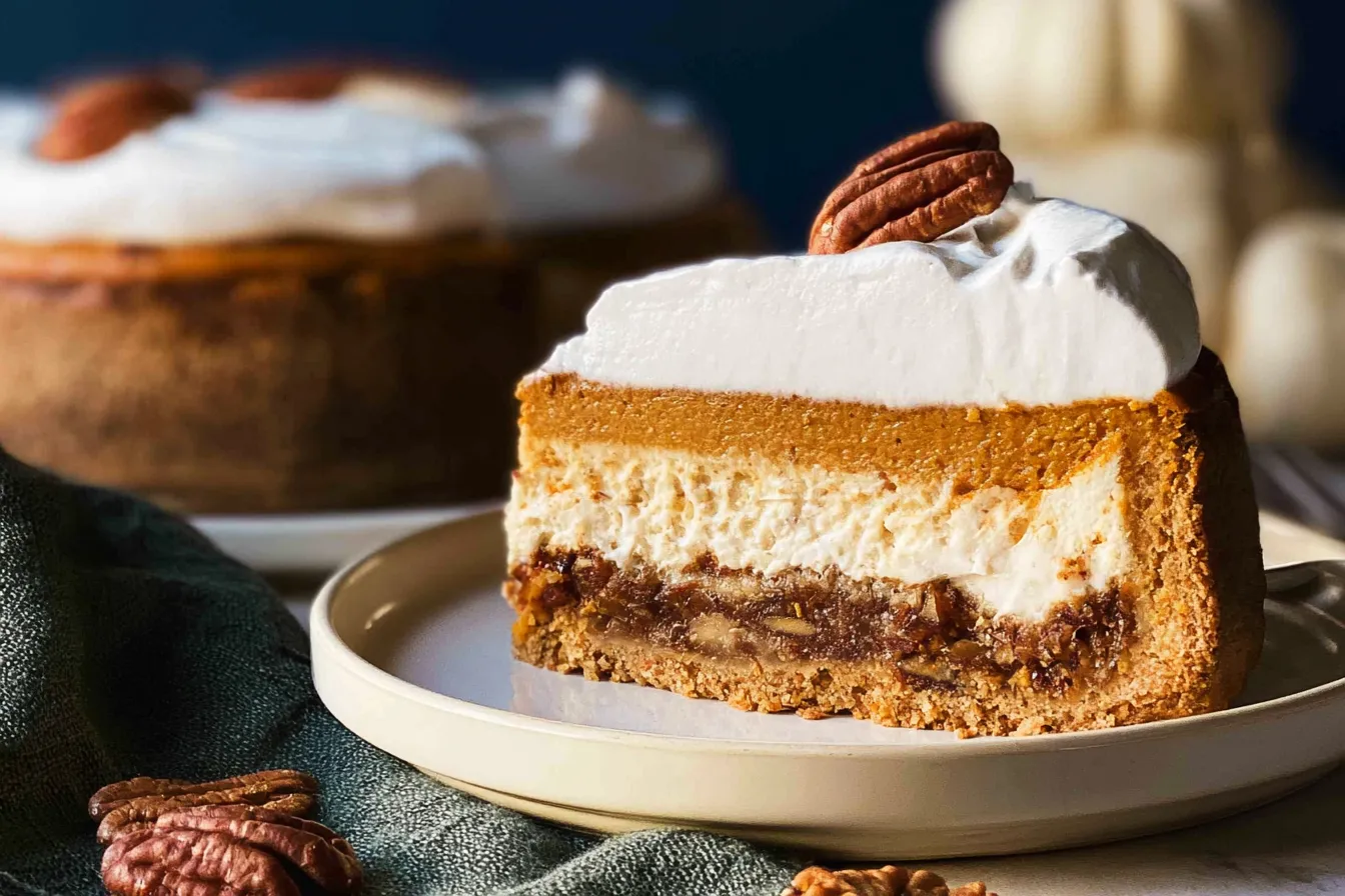 Pumpkin Pecan Pie Cheesecake Slice