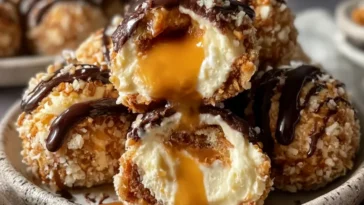 Salted Caramel Pretzel Cheesecake Balls on a Plate