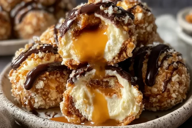 Salted Caramel Pretzel Cheesecake Balls on a Plate
