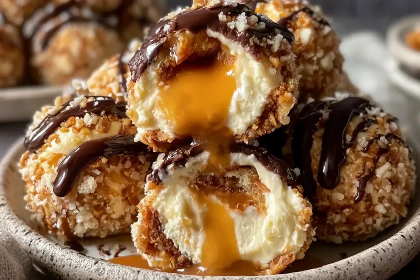 Salted Caramel Pretzel Cheesecake Balls on a Plate