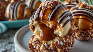 Salted Caramel Pretzel Cheesecake Balls on a Plate