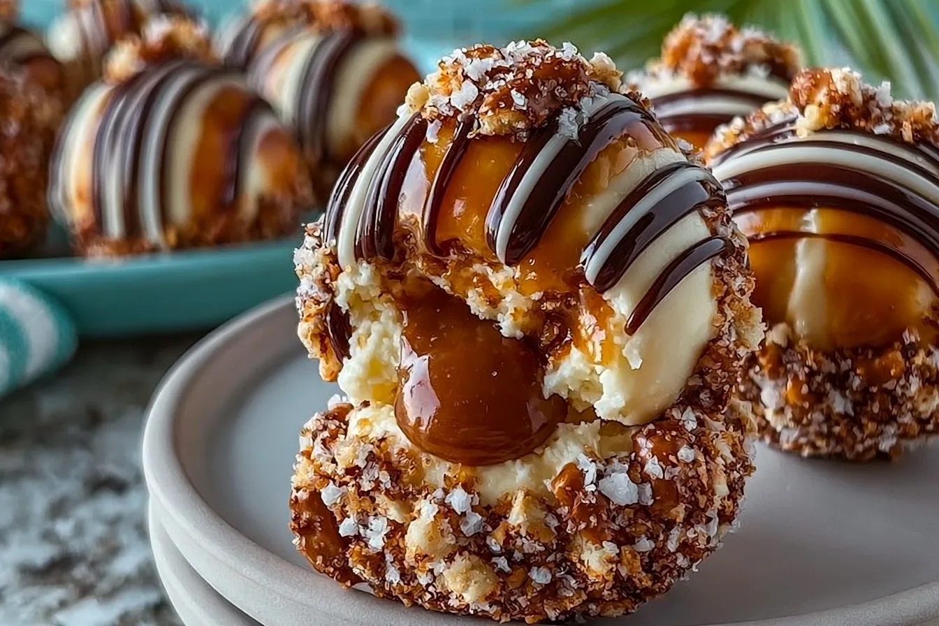 Salted Caramel Pretzel Cheesecake Balls on a Plate