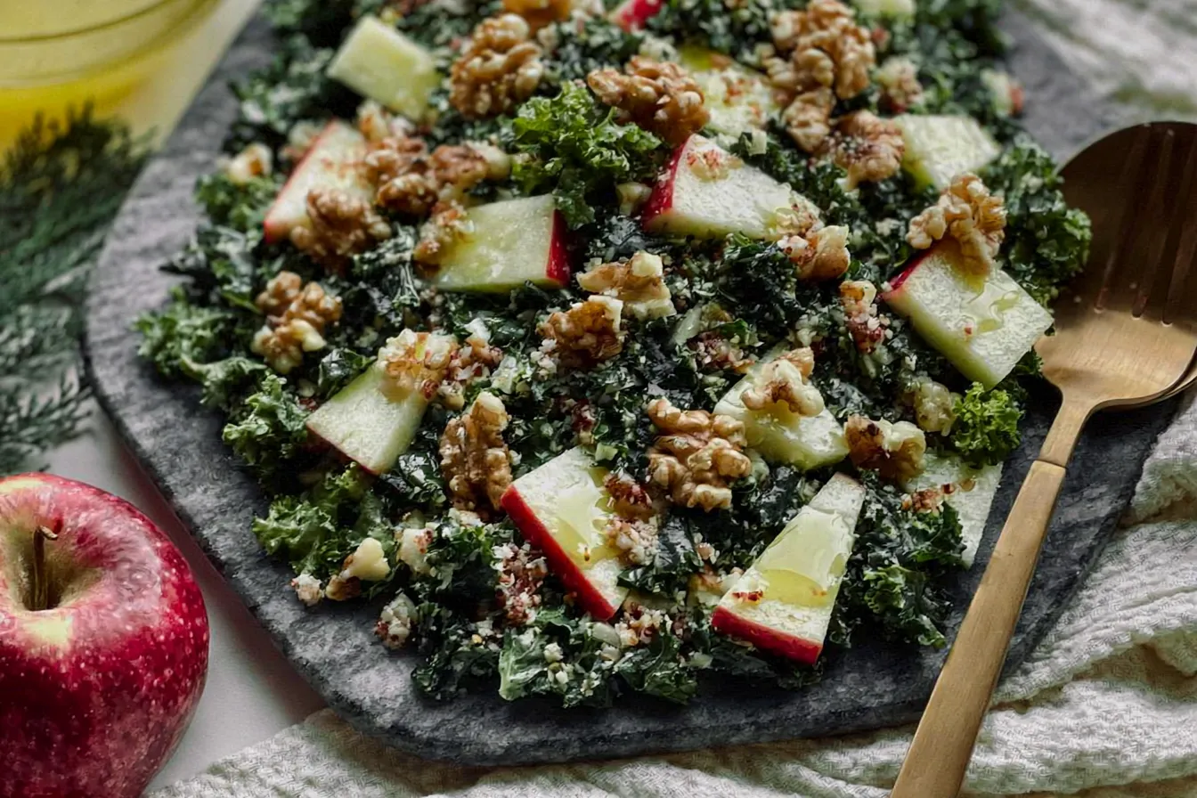 Simple Kale Apple Walnut Salad Plated with Fresh Ingredients