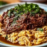 Slow-Cooked Beef Shoulder with Garlic Orzo Dish