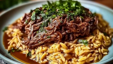 Slow-Cooked Beef Shoulder with Garlic Orzo Dish