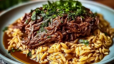 Slow-Cooked Beef Shoulder with Garlic Orzo Dish