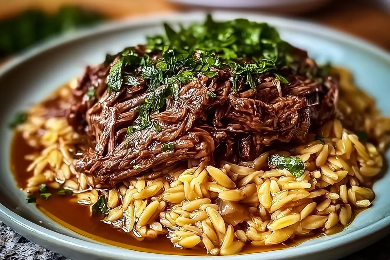 Slow-Cooked Beef Shoulder with Garlic Orzo Dish