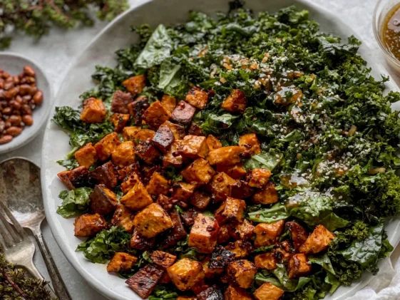 Smoky Sweet Potato Kale Salad with Hot Ginger Dressing