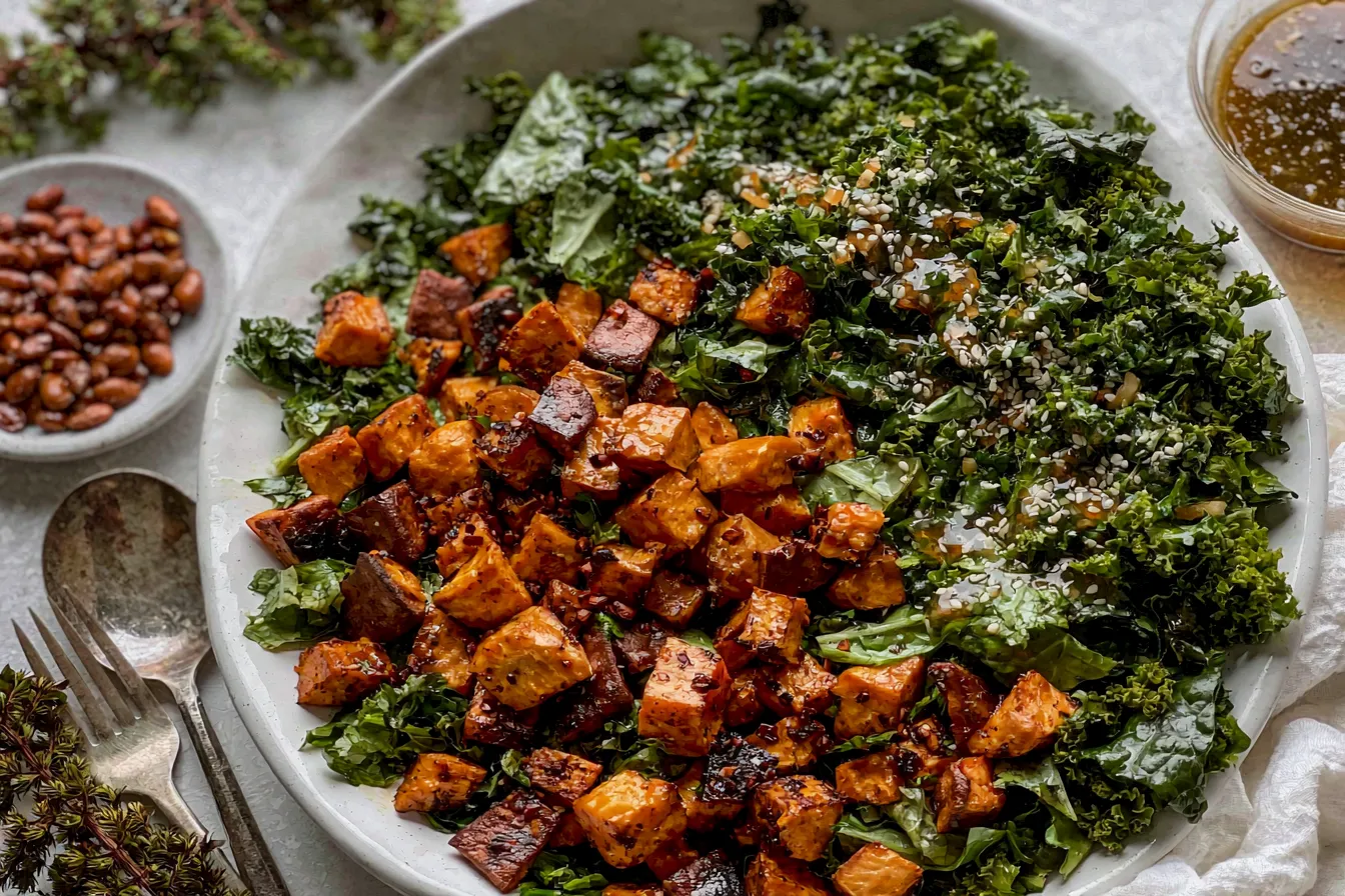 Smoky Sweet Potato Kale Salad with Hot Ginger Dressing