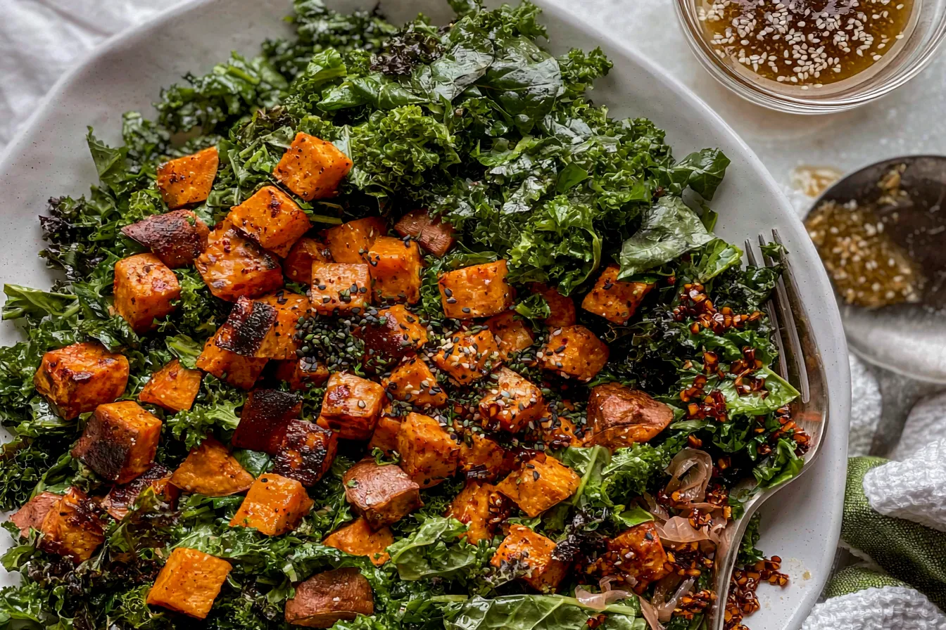 Smoky Sweet Potato Kale Salad with Hot Ginger Dressing Yum! 4 Smoky Sweet Potato Kale Salad with Hot Ginger Dressing.