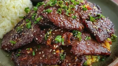 Tender Beef Bulgogi on a Plate with Sesame and Scallions