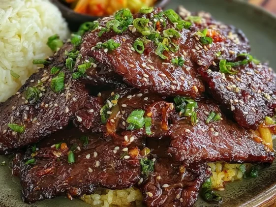 Tender Beef Bulgogi on a Plate with Sesame and Scallions