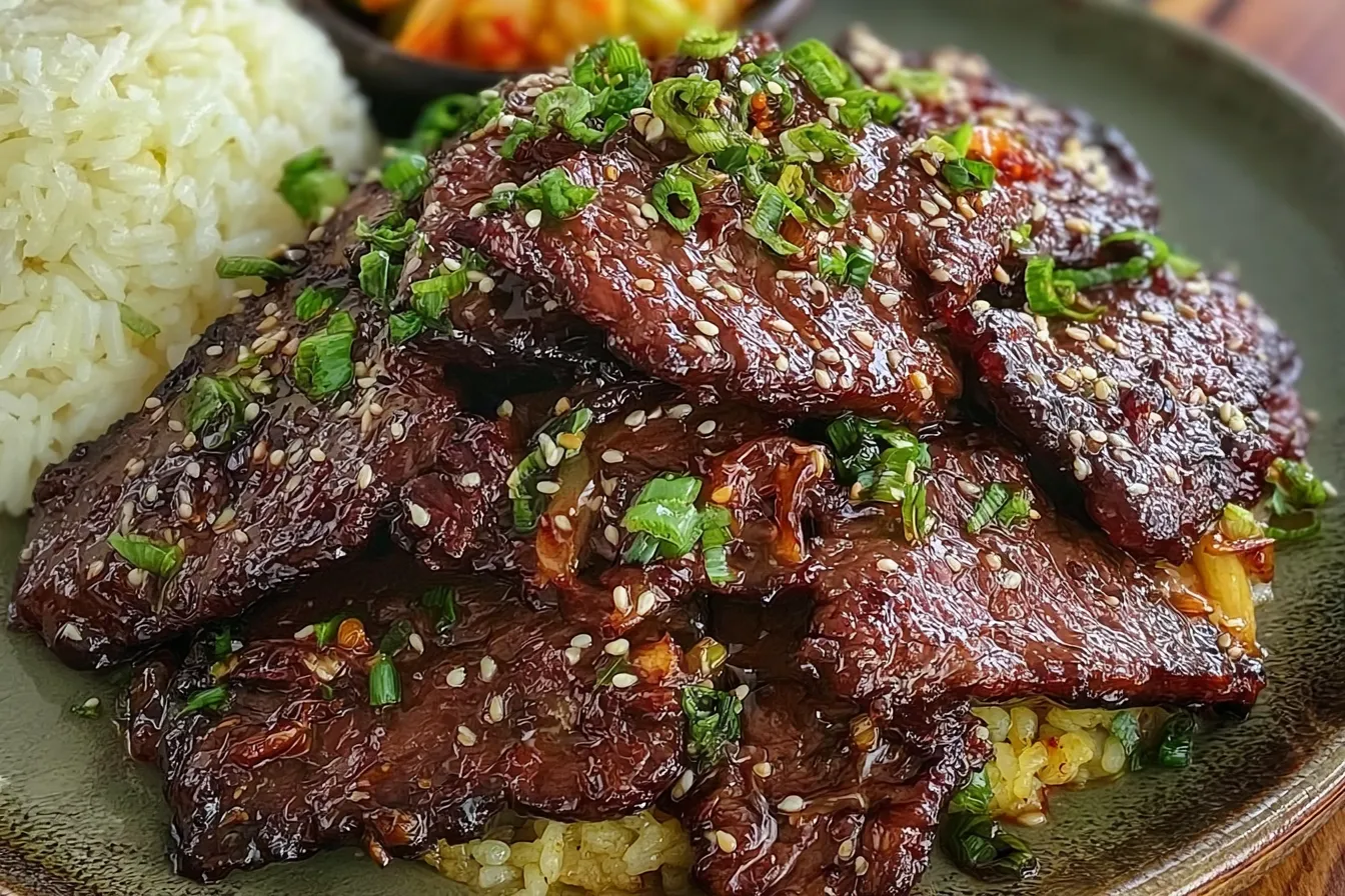 Tender Beef Bulgogi on a Plate with Sesame and Scallions