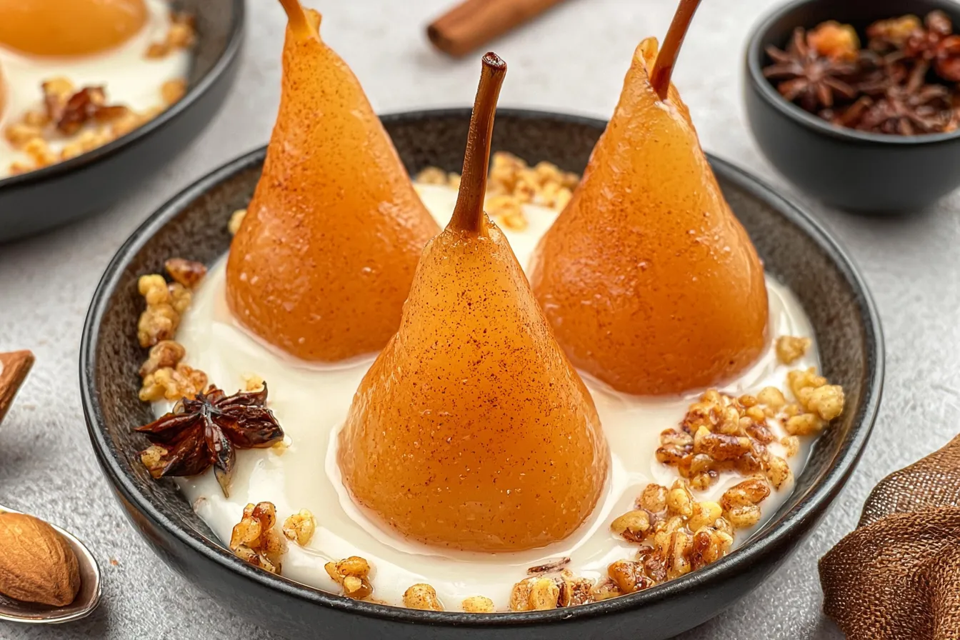 Vanilla Bourbon Poached Pears - Elegant Dessert Presentation