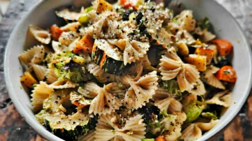Vegan Fall Pasta Salad Garnished with Fresh Herbs