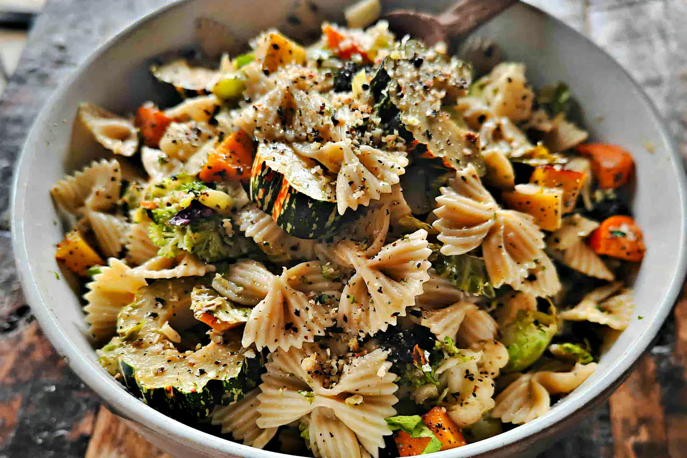 Vegan Fall Pasta Salad Garnished with Fresh Herbs