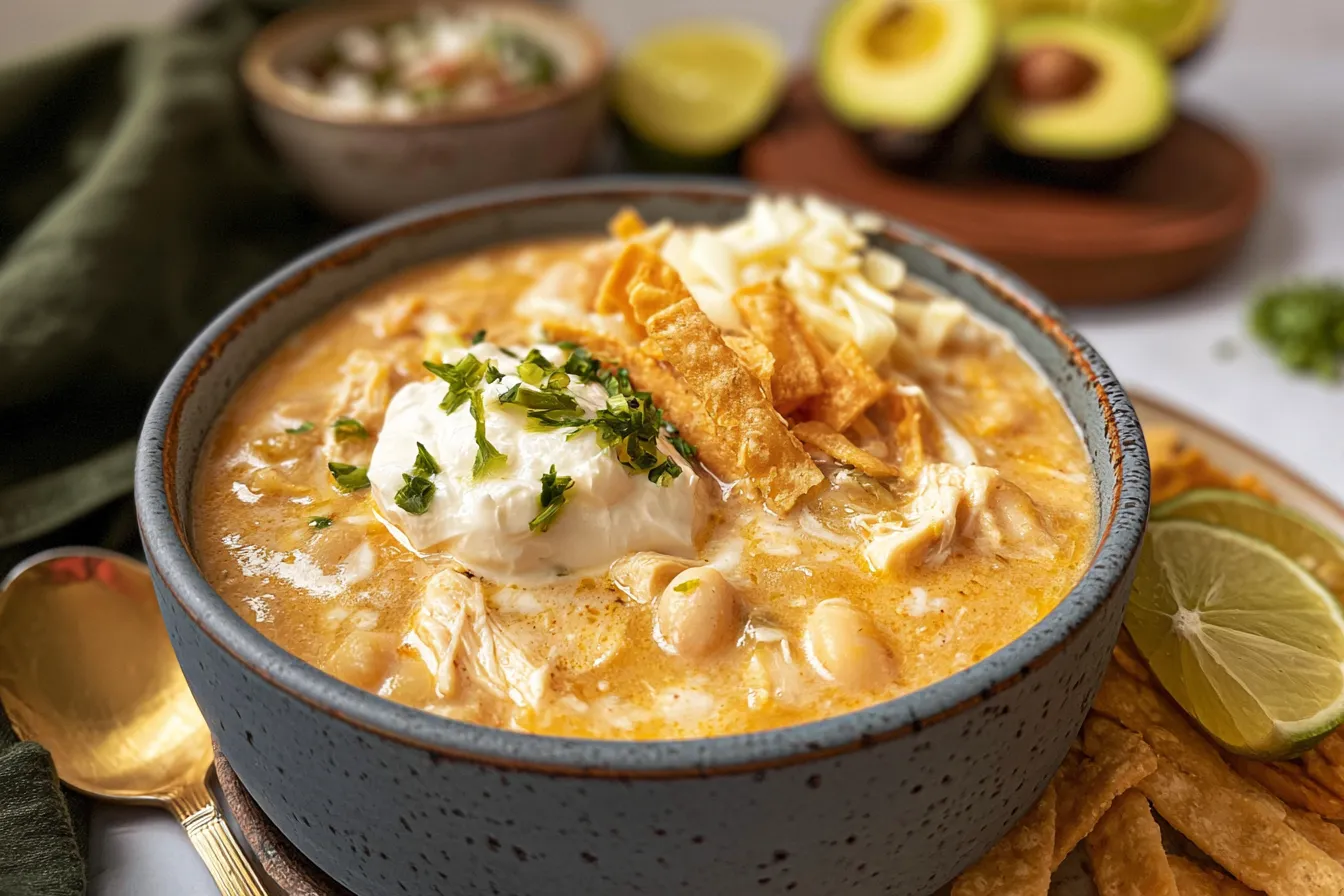 Bowl of White Chicken Chili Topped with Fresh Herbs