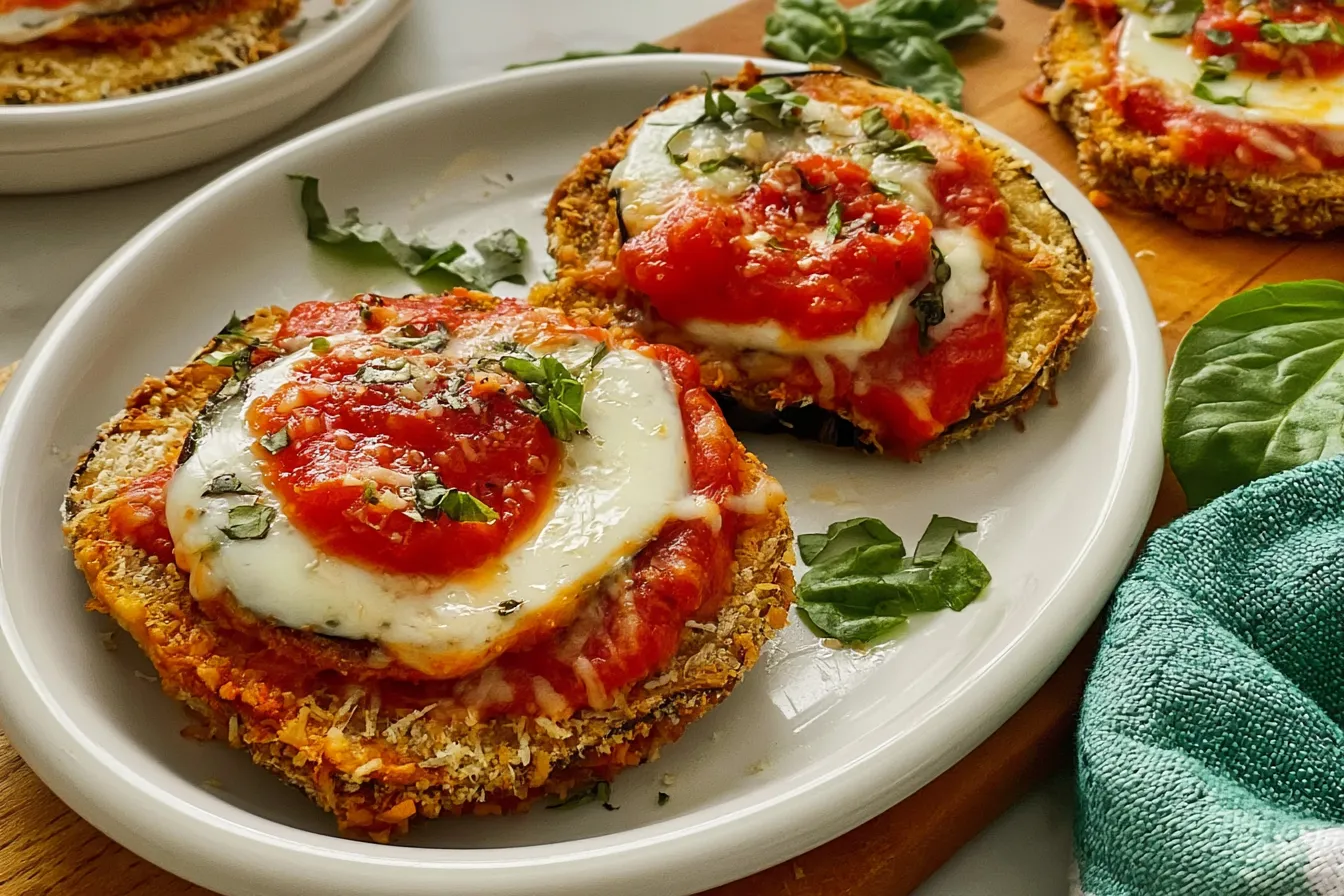 Crispy Air Fryer Eggplant Parmesan Slice on a Plate