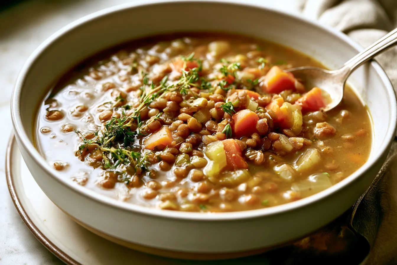 Autumn Lentil Soup in a Rustic Bowl