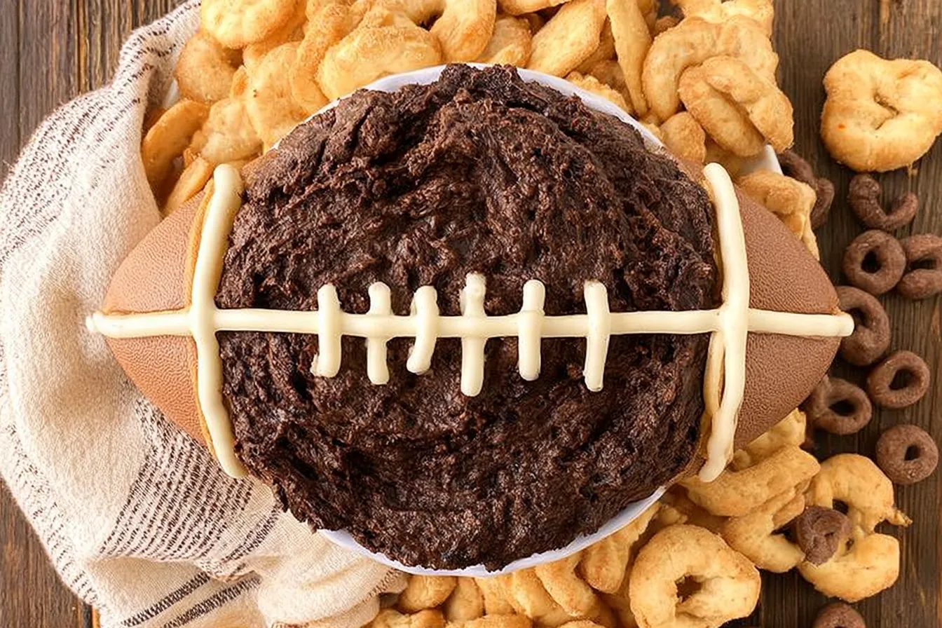 Brownie Batter Football Dip in a Bowl with Dipping Snacks