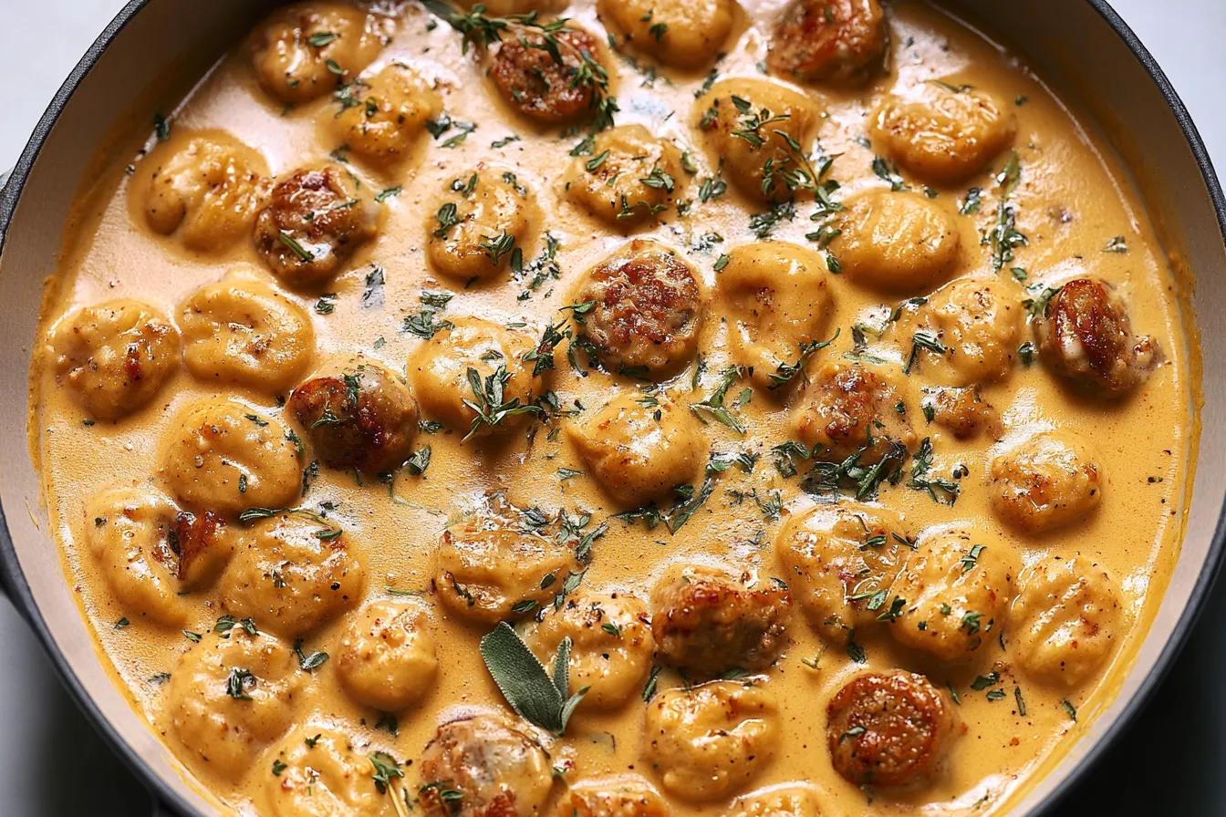 Creamy Butternut Squash Gnocchi with Sausage Served Warm