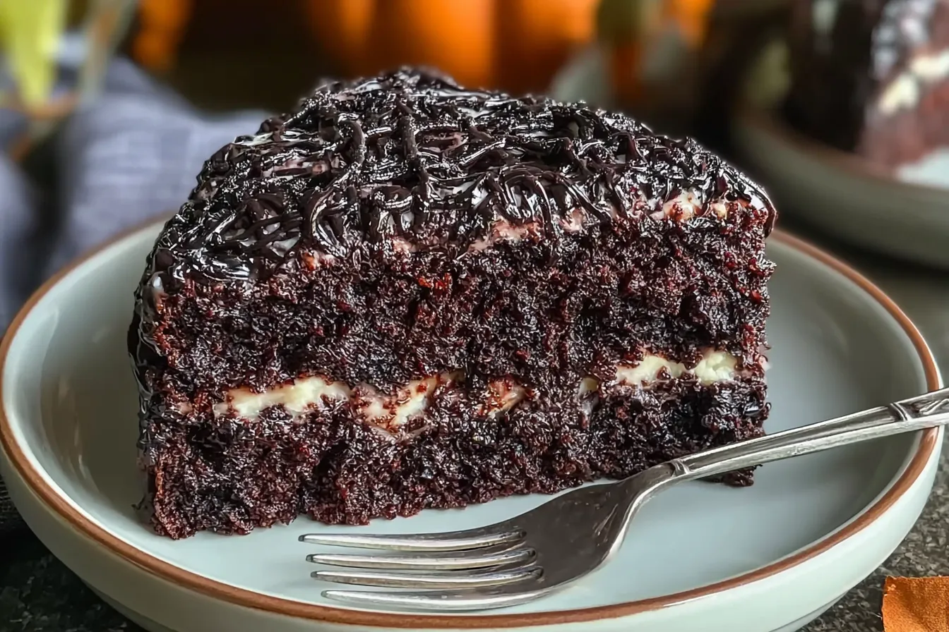 Delicious Decadent Black Velvet Halloween Cake with Spiderweb Frosting