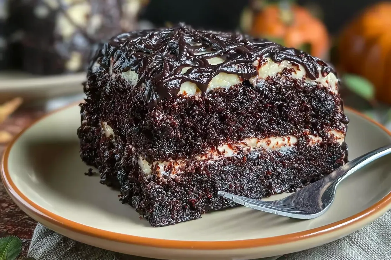 Decadent Black Velvet Halloween Cake Recipe with Easy Spiderweb Frosting 