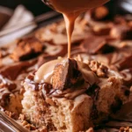 Easy Reeses Peanut Butter Poke Cake on a Plate