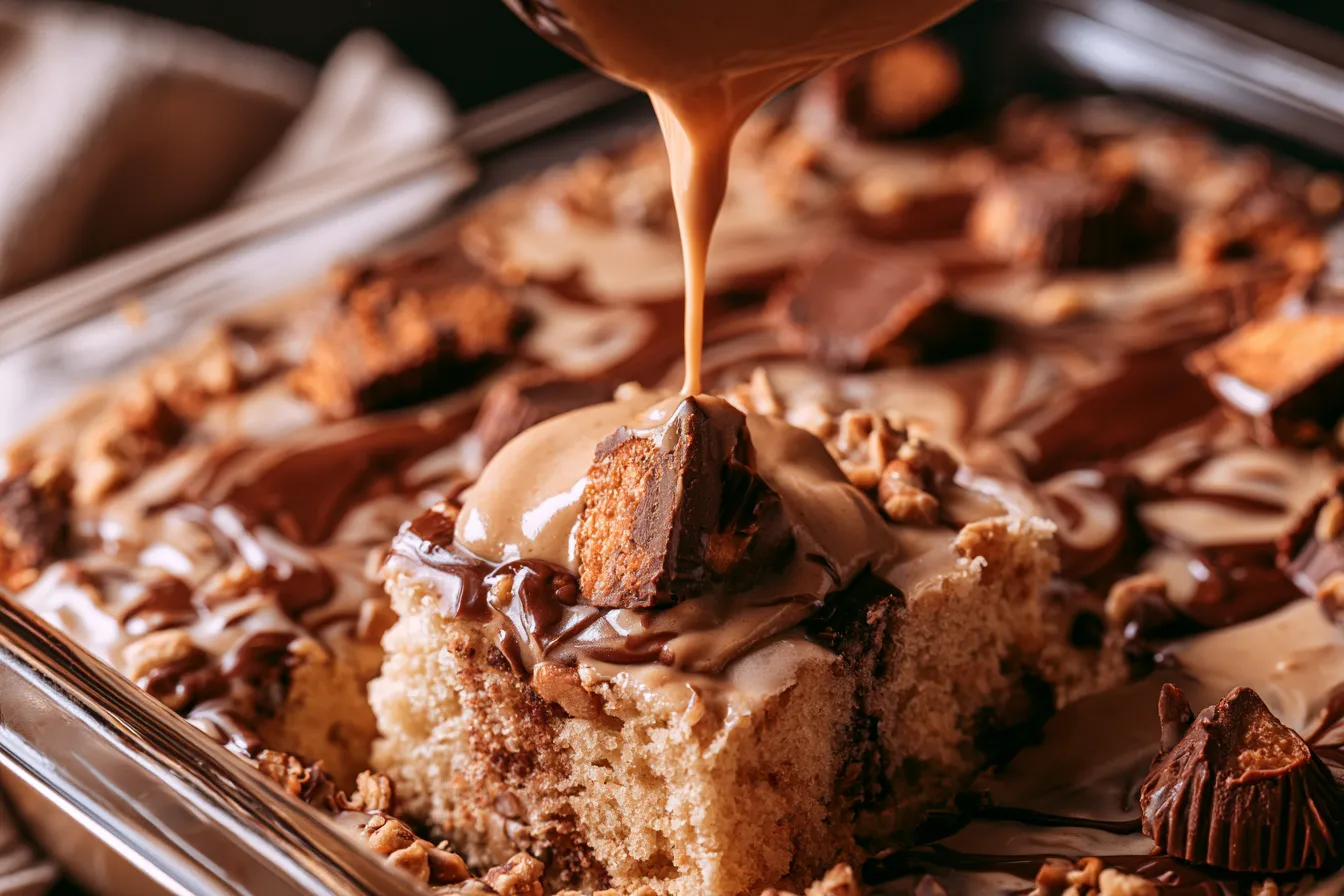 Easy Reeses Peanut Butter Poke Cake on a Plate