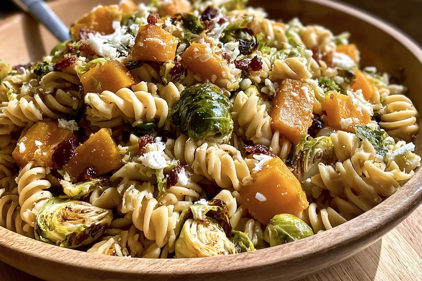 "Fall Pasta Salad with Butternut Squash and Brussels"
