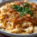 French Onion Chicken Orzo Casserole in a Baking Dish