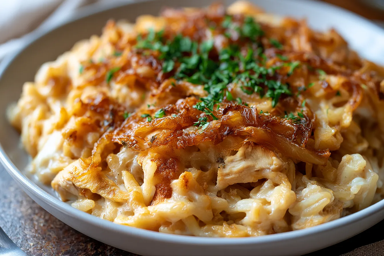 French Onion Chicken Orzo Casserole in a Baking Dish