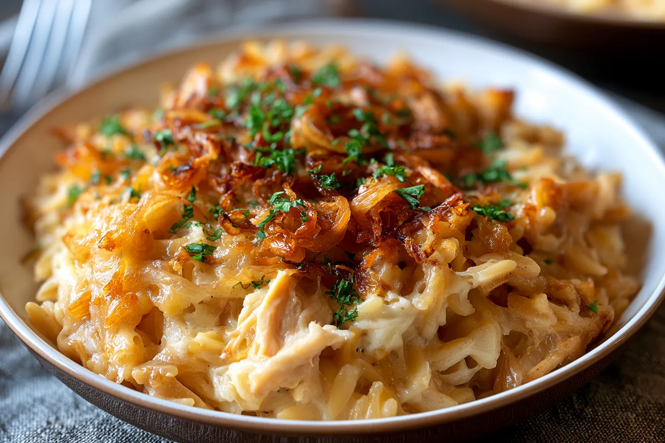 French Onion Chicken Orzo Casserole