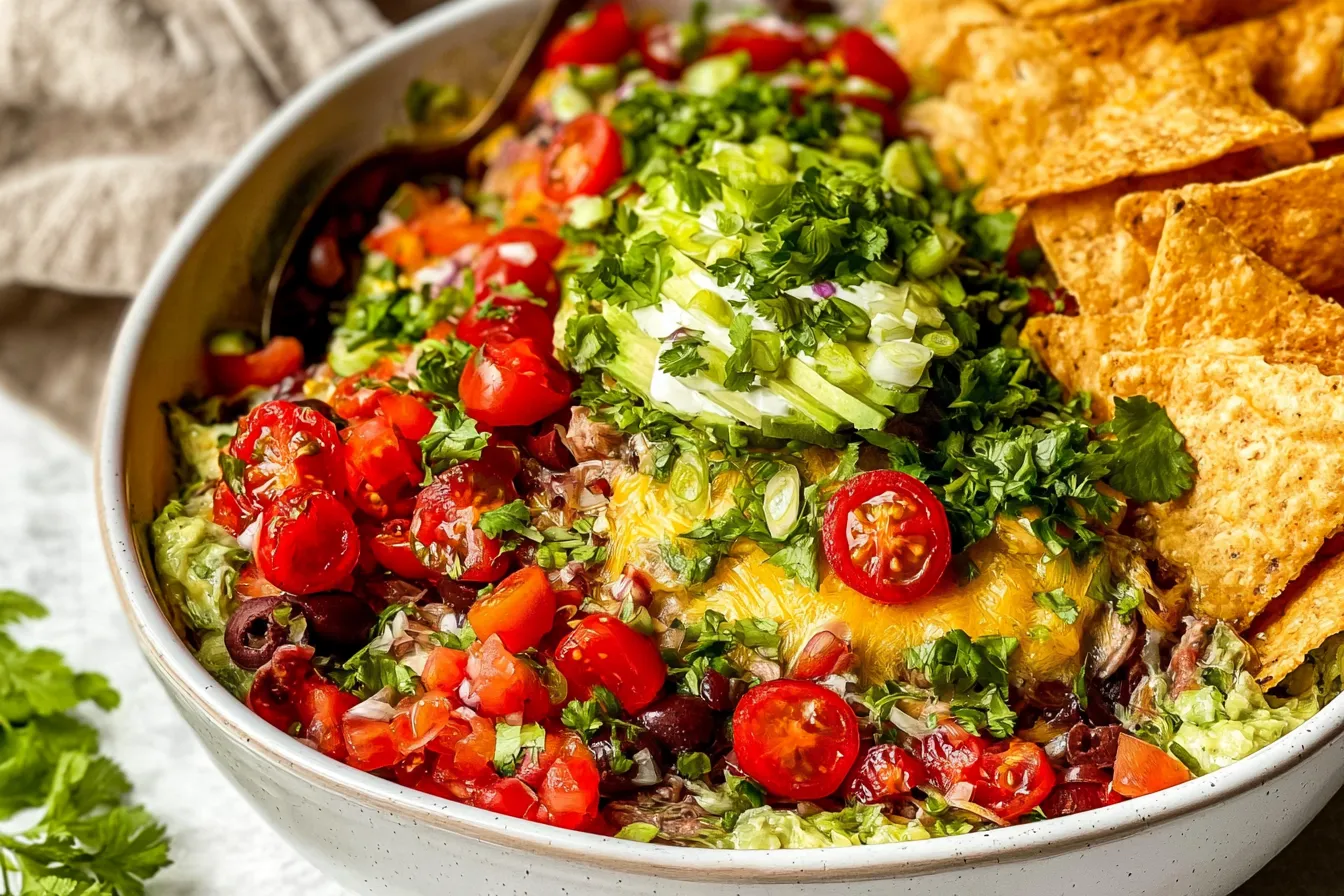 Fresh & Healthy 7-Layer Dip in a Colorful Serving Dish